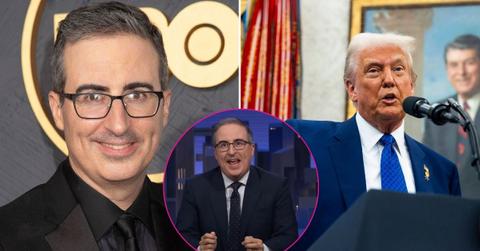 Split photo of John Oliver and Donald Trump