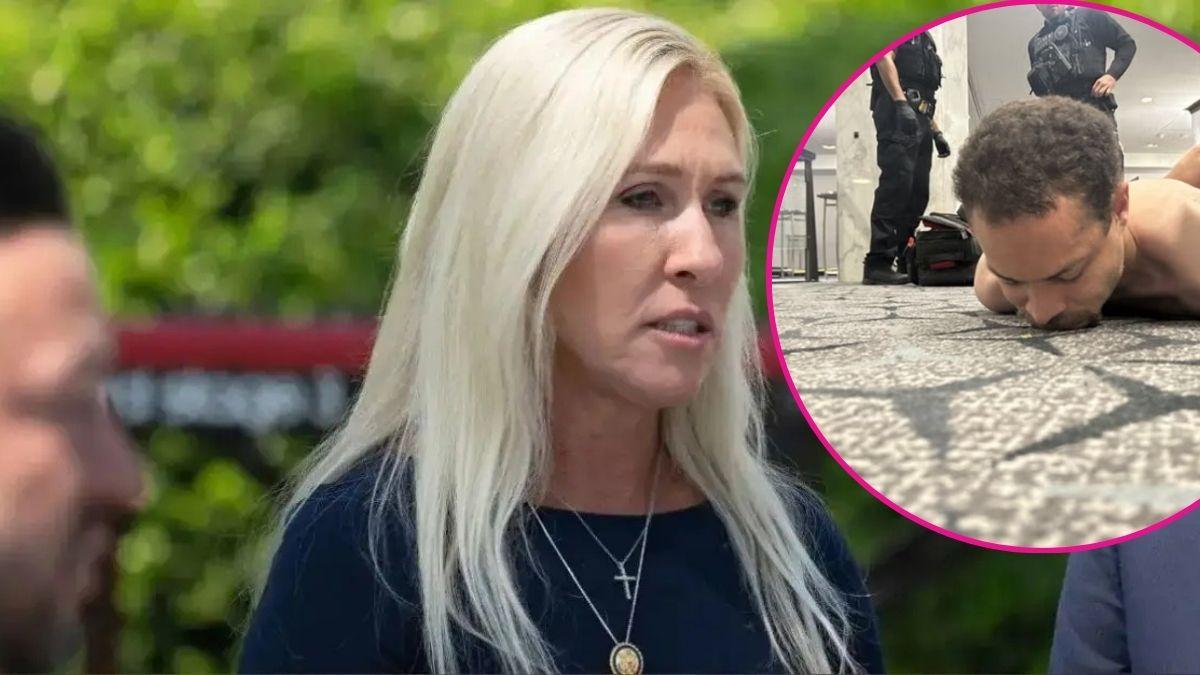 image of marjorie Taylor Greene, inset of gunman