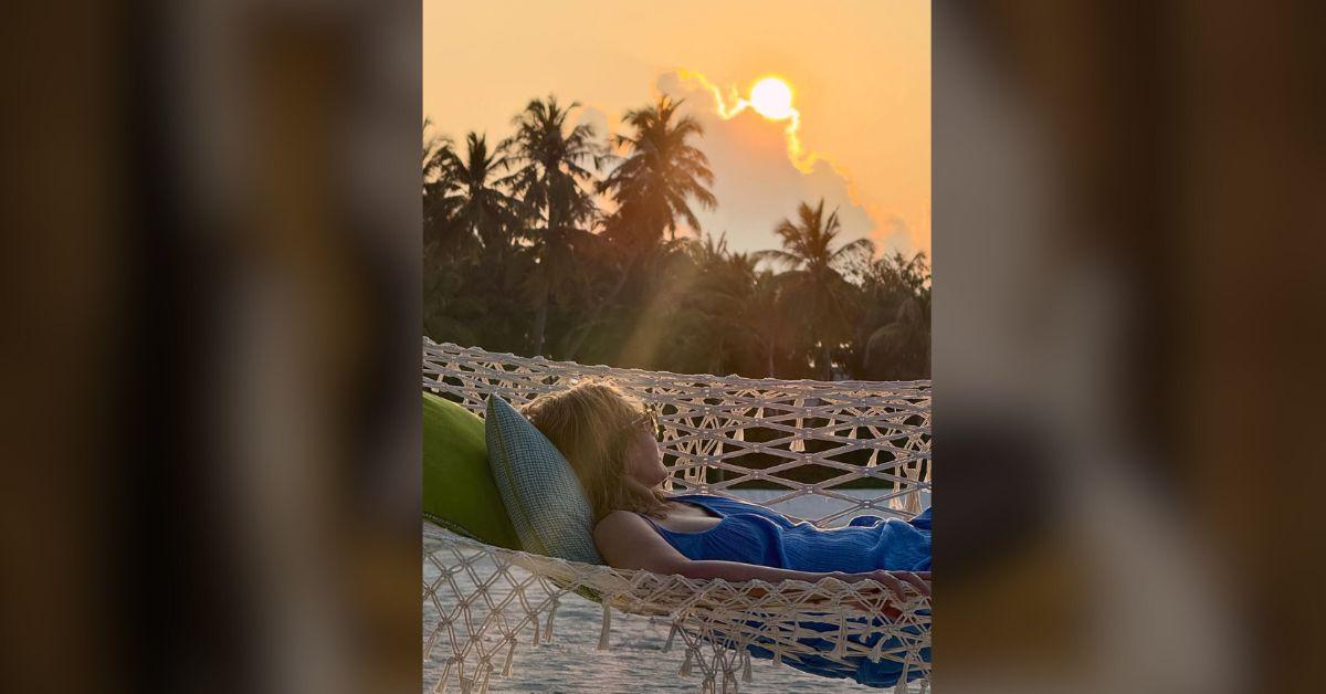 image of The actress relaxed on a hammock during her trip.
