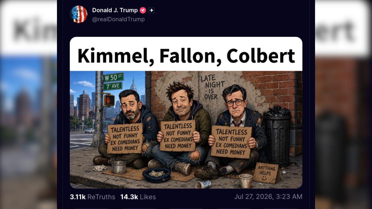 Image of Donald Trump’s social media attacks continued fueling late-night comedy material.