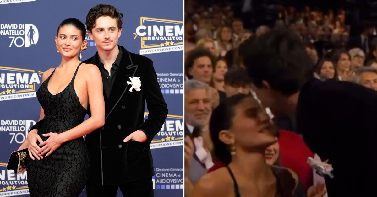 Two photos of Kylie Jenner and Timothee Chalamet