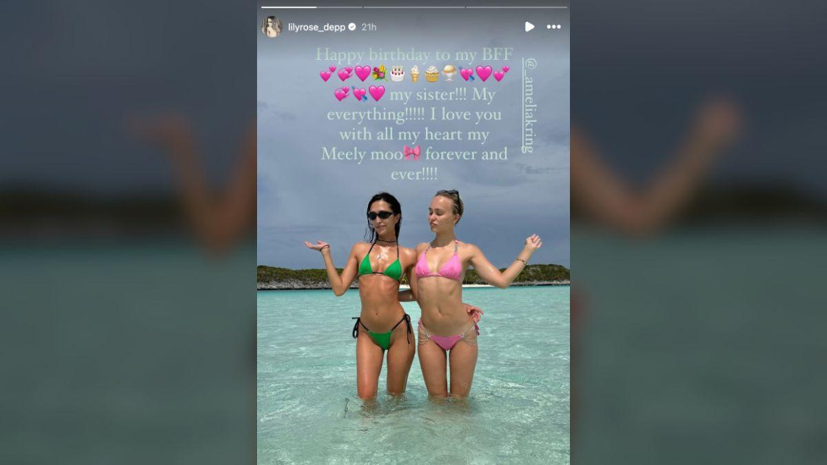 image of Lily-Rose Depp flaunted her toned figure in a pink bikini for her best friend’s birthday post.