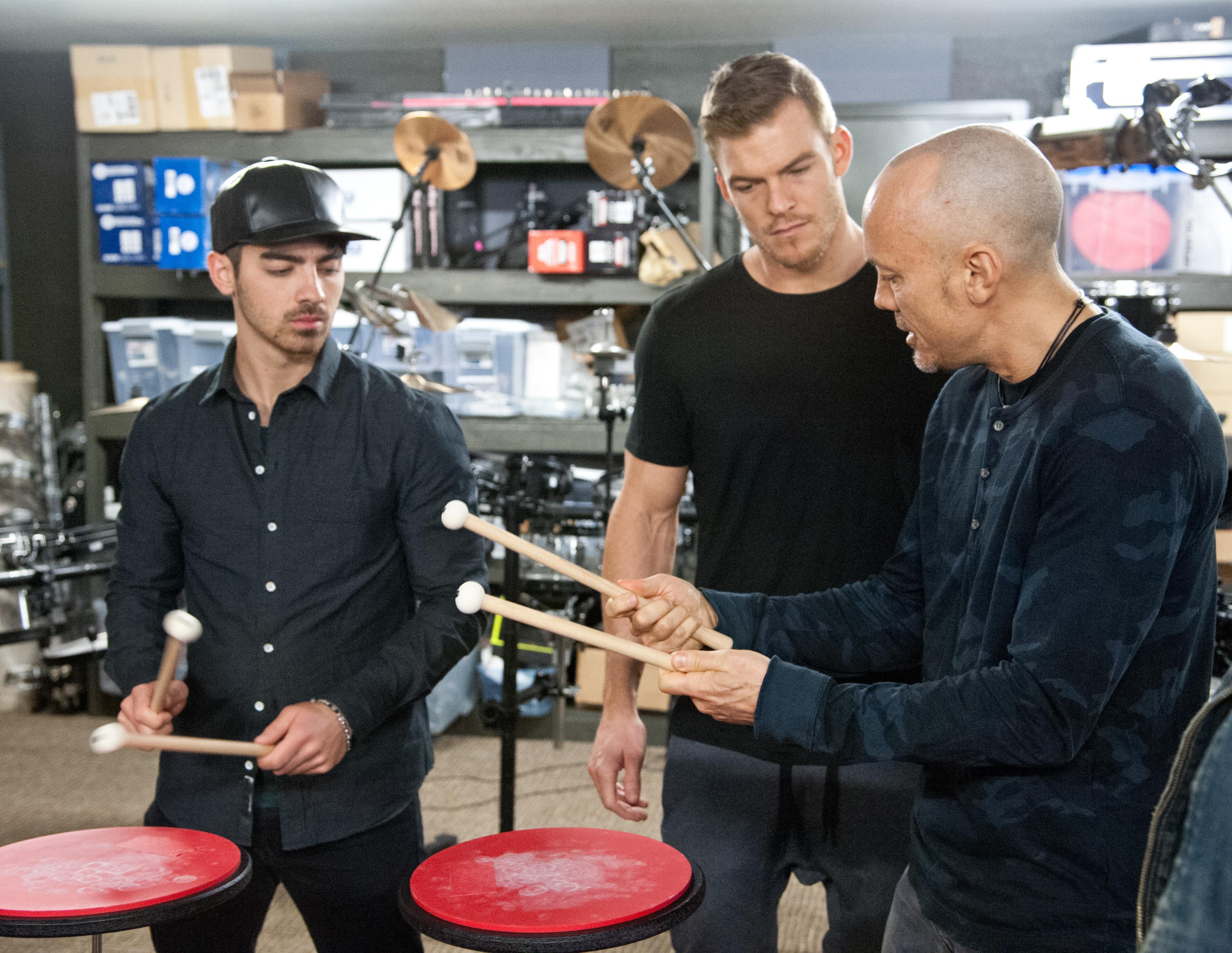 (L to R) Joe Jonas, Alan Ritchson and Chris Wink at Blue Man Group Training for &#8216;I Can Do That&#8217;_Credit Gray