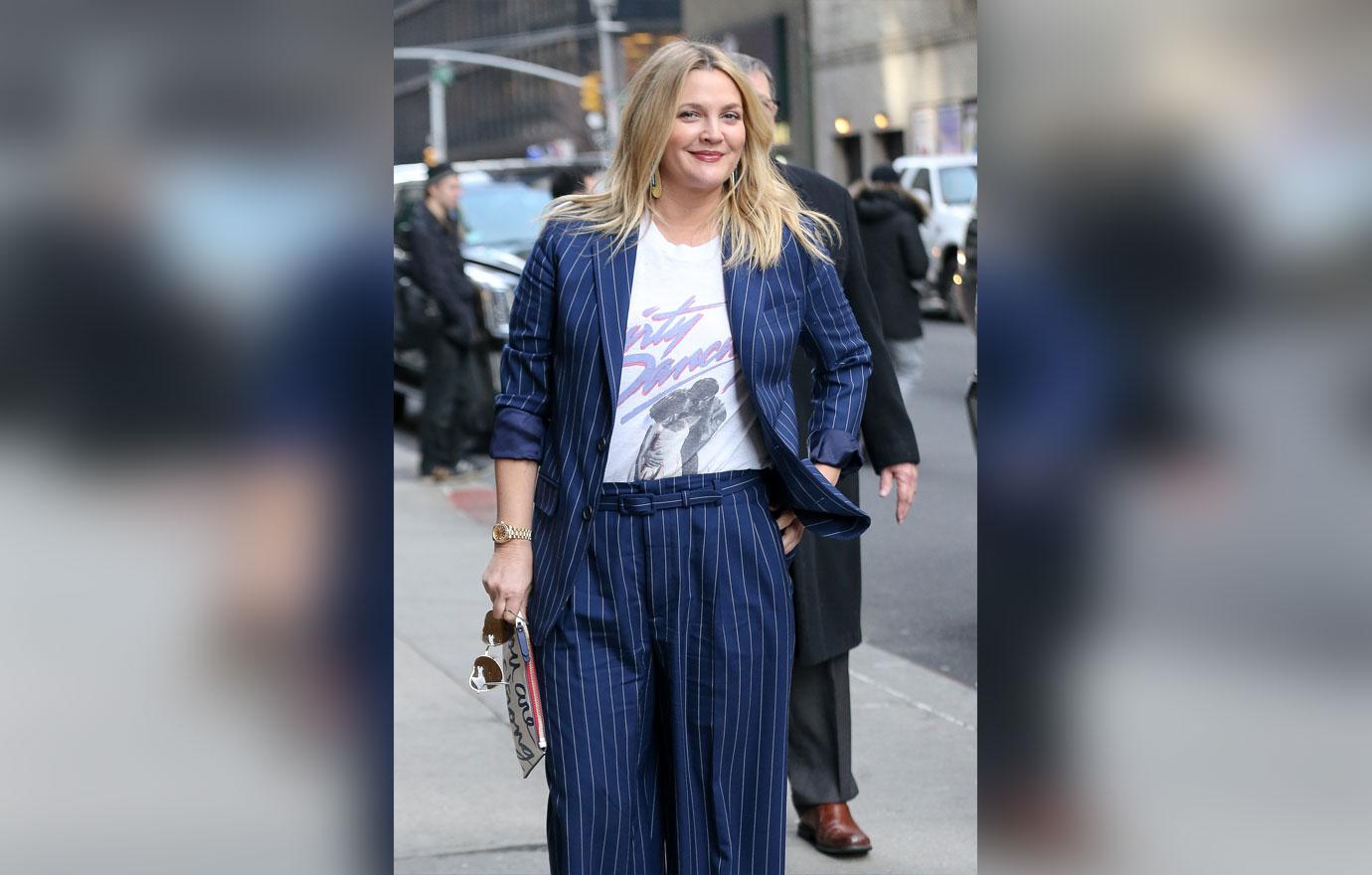 Drew Barrymore seen arriving at The Late Show with Stephen Colbert in New York City