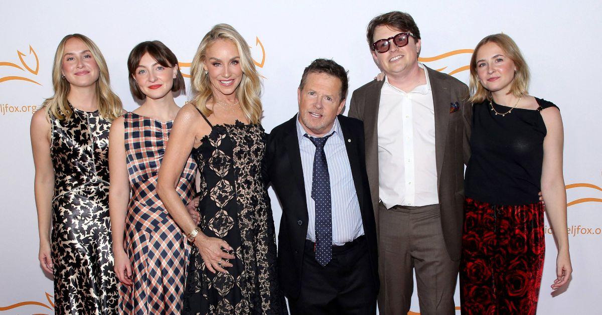 image of Tracy Pollan and Michael J. Fox were joined by their children; son Sam, 36, twin daughters Aquinnah and Schuyler, 30, and daughter Esmé, 24.