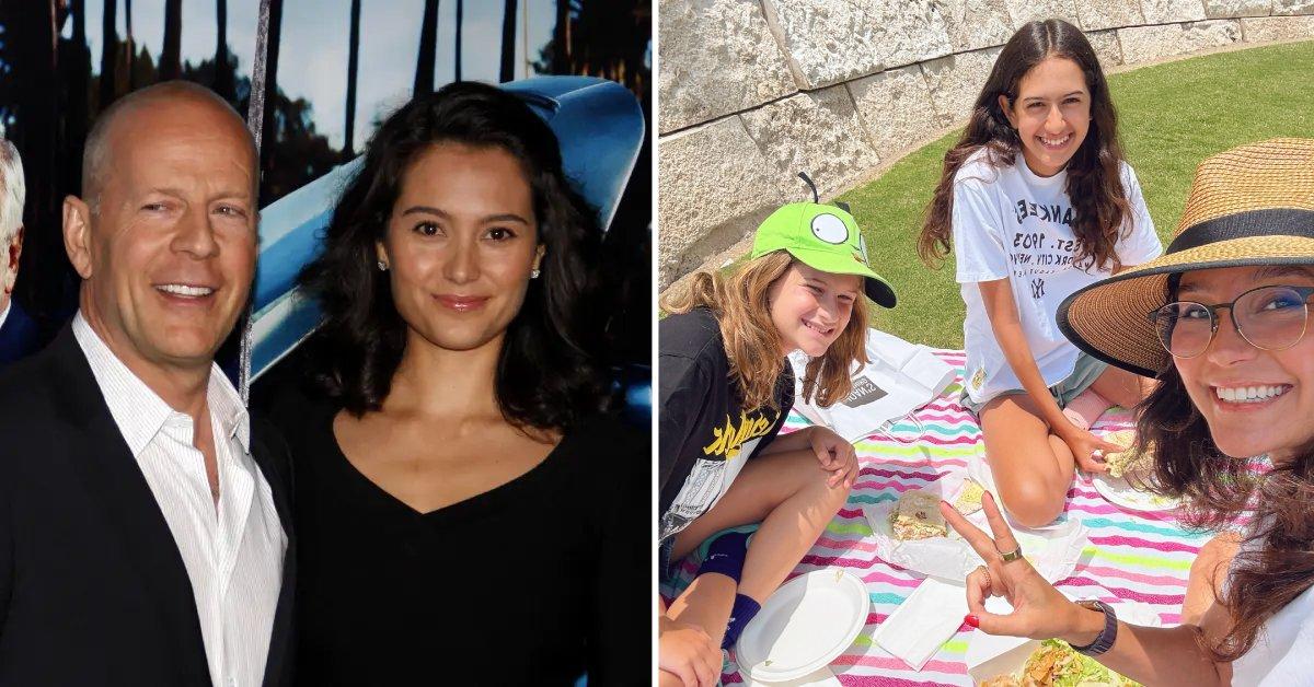 Photo of Bruce Willis with Emma Heming and a photo of Emma Heming with her two daughters