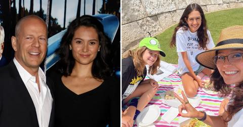 Photo of Bruce Willis with Emma Heming and a photo of Emma Heming with her two daughters