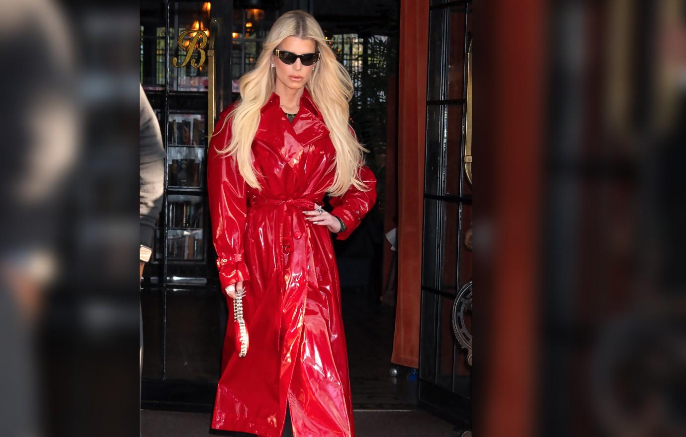 Jessica Simpson Stuns In Red Leather Trench Coat In NYC: Photos