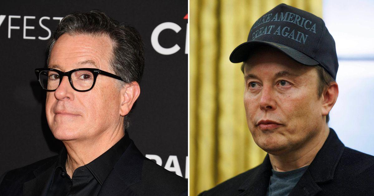 Composite photo of Stephen Colbert and Elon Musk