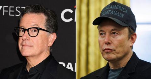 Composite photo of Stephen Colbert and Elon Musk