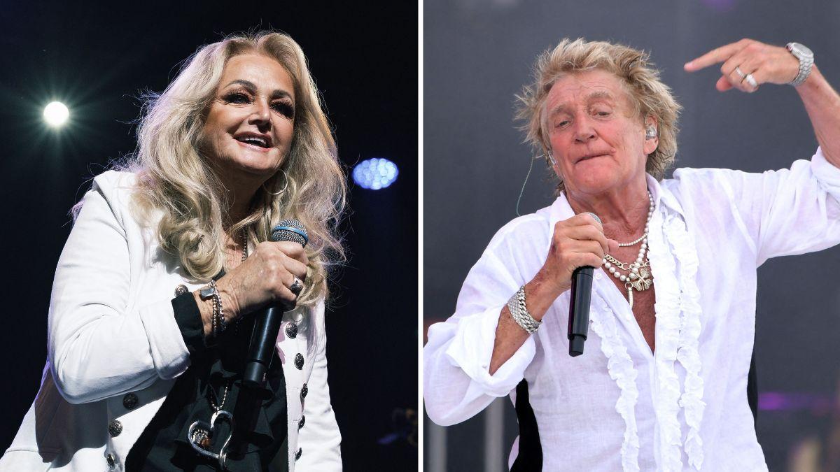Split photo of Bonnie Tyler and Rod Stewart.