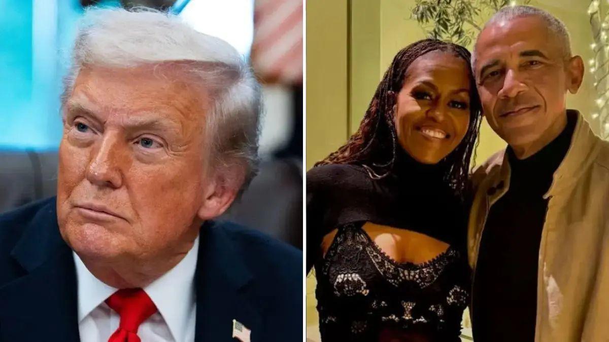 split photo of donald trump and barack and michelle obama