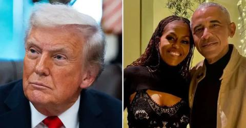 split photo of donald trump and barack and michelle obama
