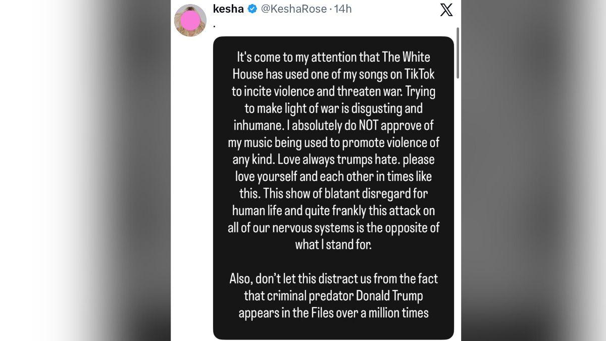 image of Kesha blasted the White House in an X post.