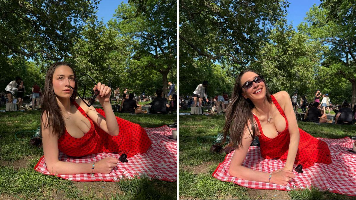 Photo of Elsie Hewitt took advantage of a sunny day and posed on a red picnic blanket.
