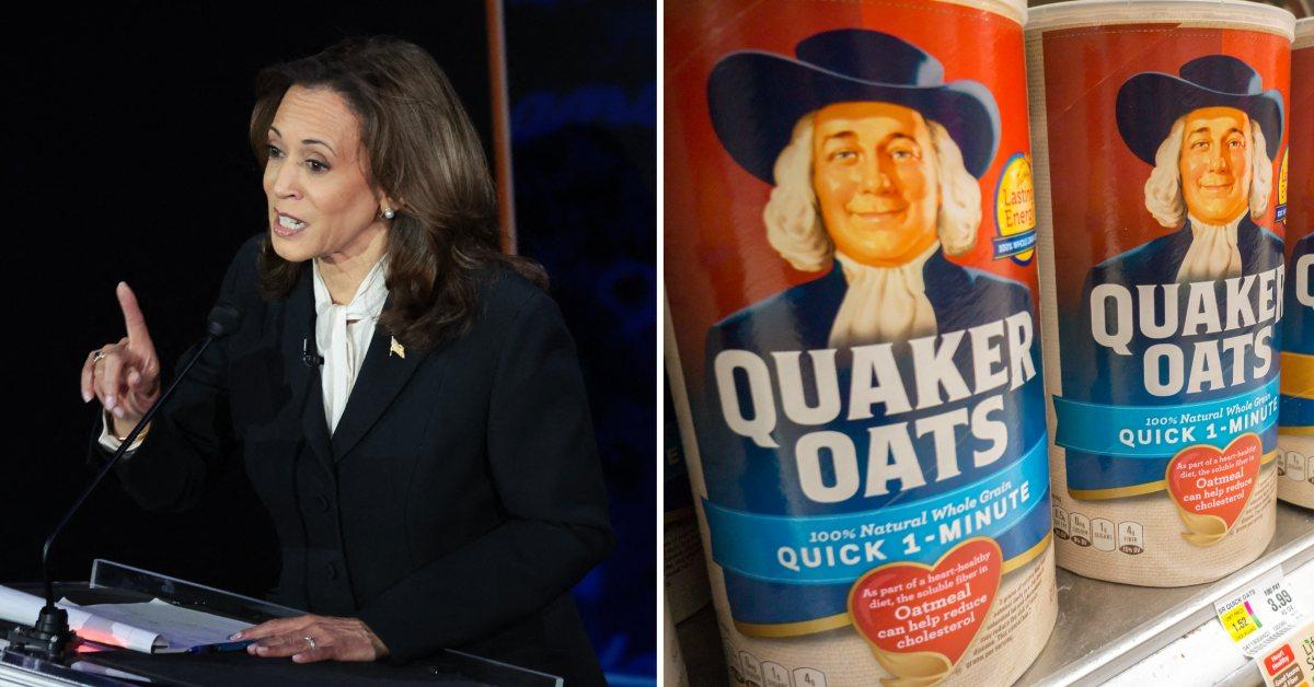 Photo of Kamala Harris and an image of a Quaker Oats container.