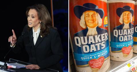 Photo of Kamala Harris and an image of a Quaker Oats container.