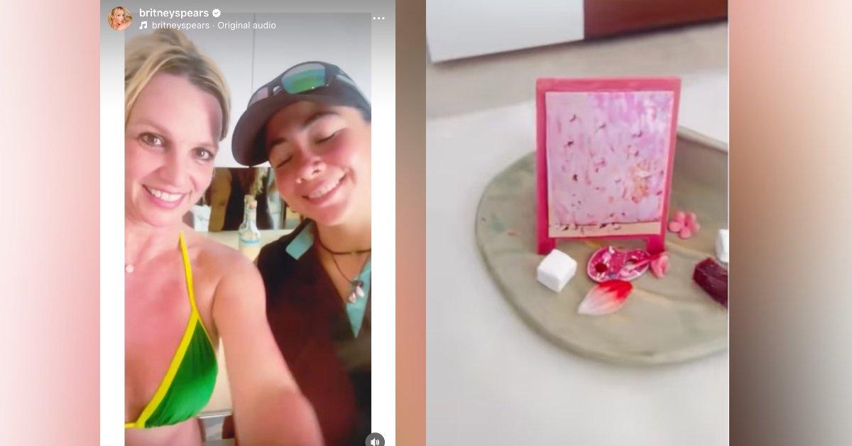 Photo of Britney Spears and a woman and photo of a chocolate dessert
