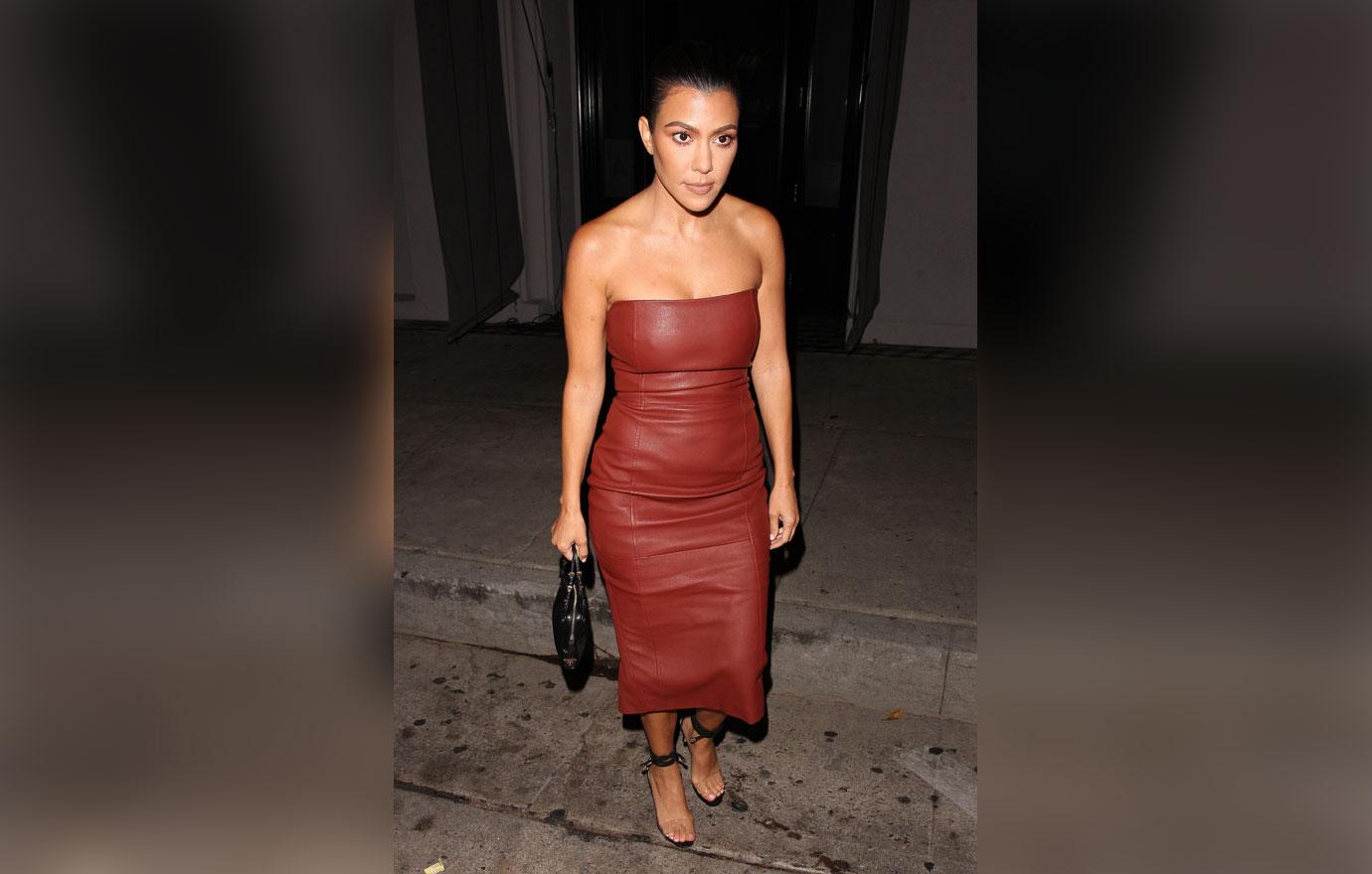 Kourtney Kardashian looks stunning in a maroon red leather outfit as she is seen exiting Craig&#8217;s eatery