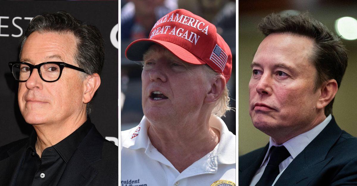 Composite photo of Stephen Colbert, Donald Trump and Elon Musk