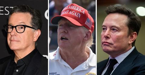 Composite photo of Stephen Colbert, Donald Trump and Elon Musk