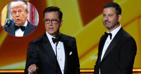 composite photo of stephen colbert, jimmy kimmel and donald trump