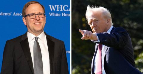 split photo of Jonathan Karl and donald trump