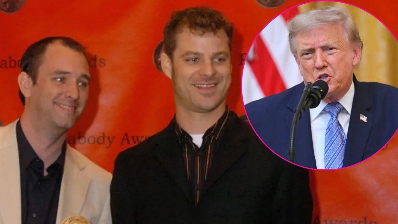 Split photo of Trey Parker, Matt Stone and Donald Trump