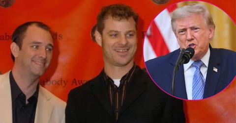 Split photo of Trey Parker, Matt Stone and Donald Trump