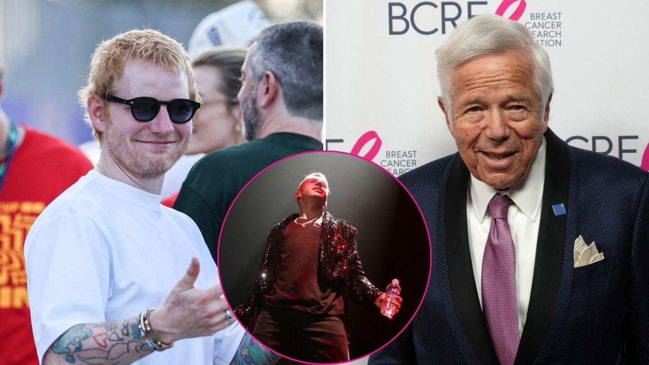 Split image of Ed Sheeran, Macklemore, and Robert Kraft