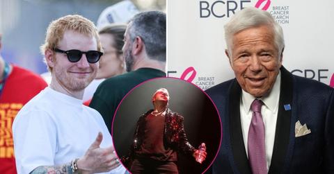 Split image of Ed Sheeran, Macklemore, and Robert Kraft