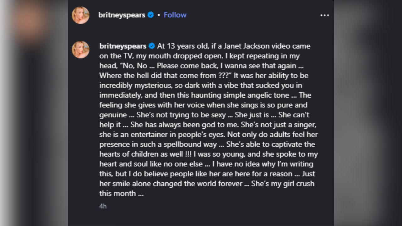image of Britney Spears recently shared a heartfelt Instagram tribute to Janet Jackson.