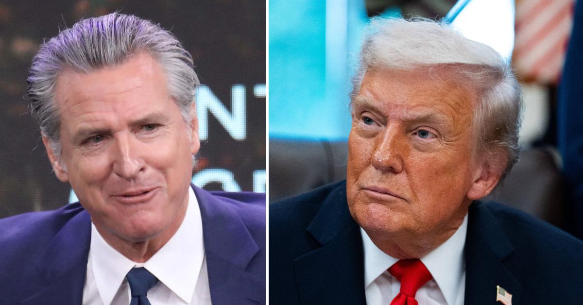 Split photo of Gavin Newsom and Donald Trump.