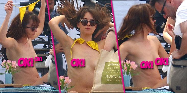 dakota johnson topless bikini on set