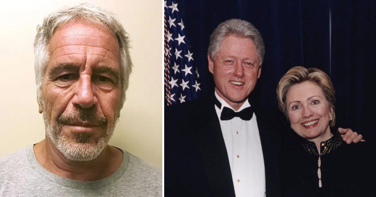 Split photo of Jeffrey Epstein, Bill and Hillary Clinton.