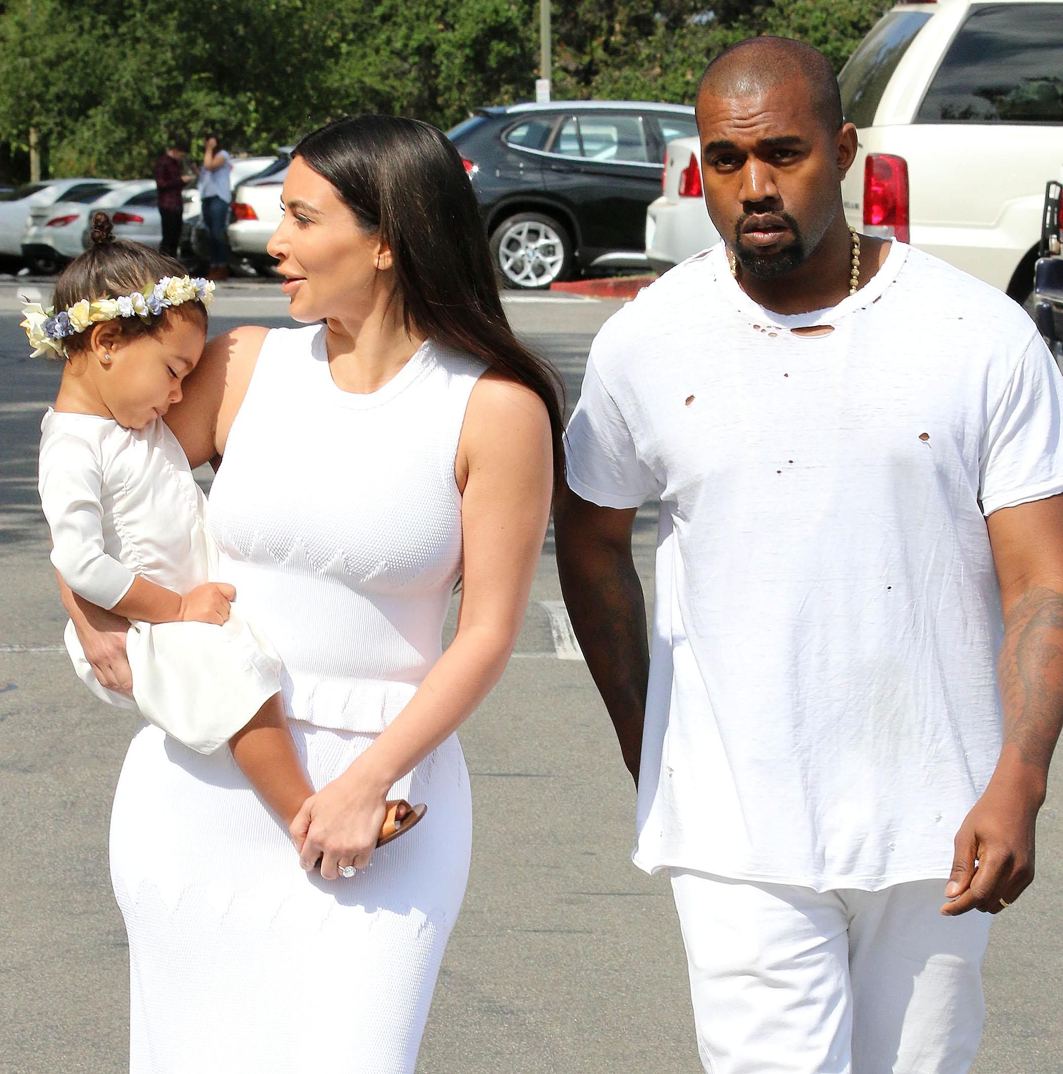 Kim Kardashian and Kanye West take North to the Calvary Community Church as they celebrate Easter with Kourtney, Khloe and Kendall in Calabasas, CA ***NO DAILY MAIL SALES****