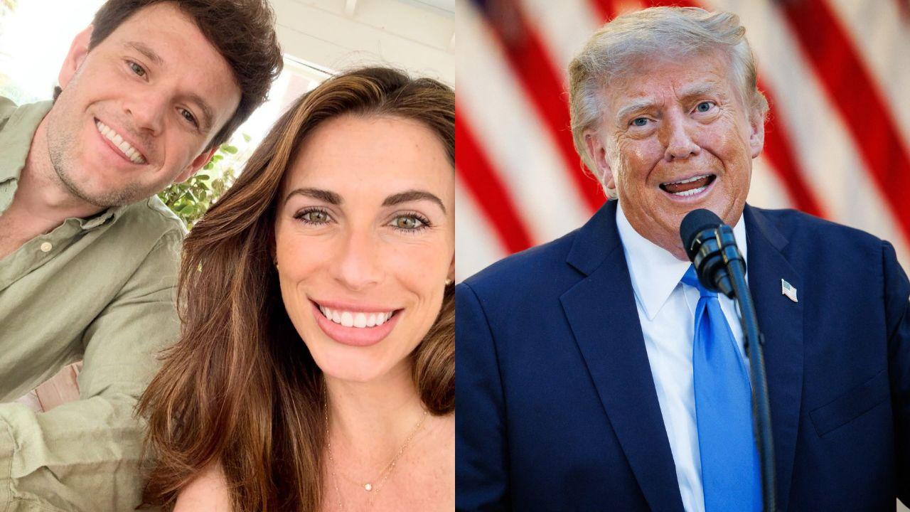 Split image of Justin Griffin and Alyssa Farah Griffin, and Donald Trump.