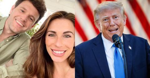 Split image of Justin Griffin and Alyssa Farah Griffin, and Donald Trump.