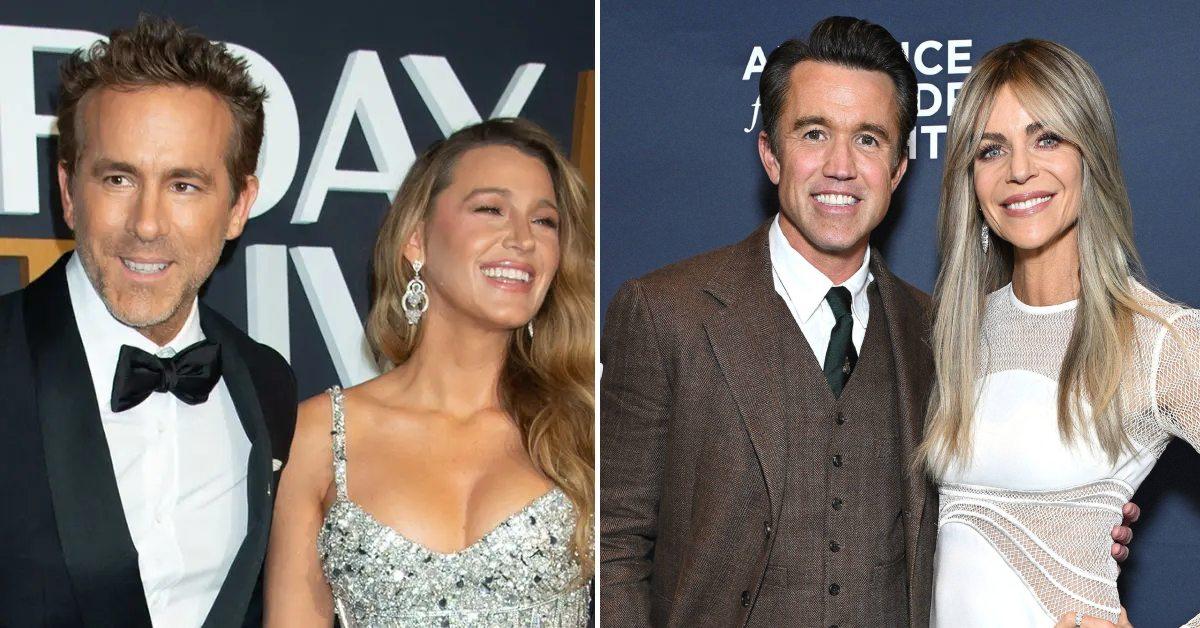 Photo of Ryan Reynolds with Blake Lively and a picture of Rob McElhenney with Kaitlin Olson.