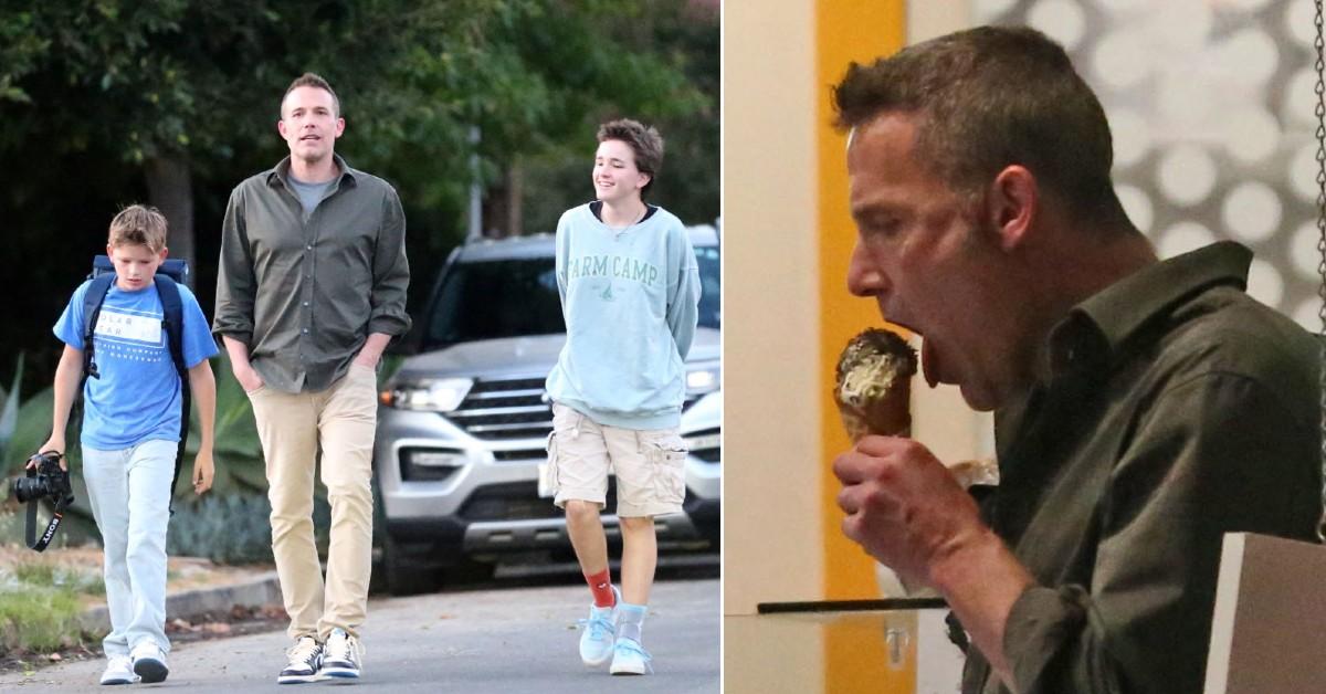 Photo of Ben Affleck and his two kids and a picture of the actor eating ice cream.