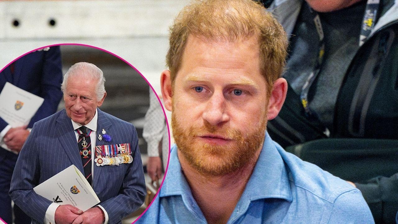 Split photo of King Charles and Prince Harry.