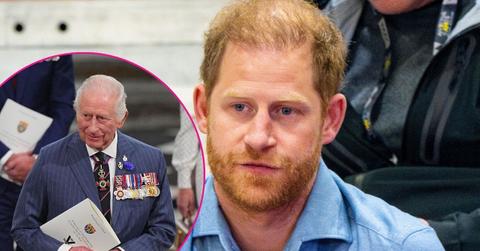 Split photo of King Charles and Prince Harry.