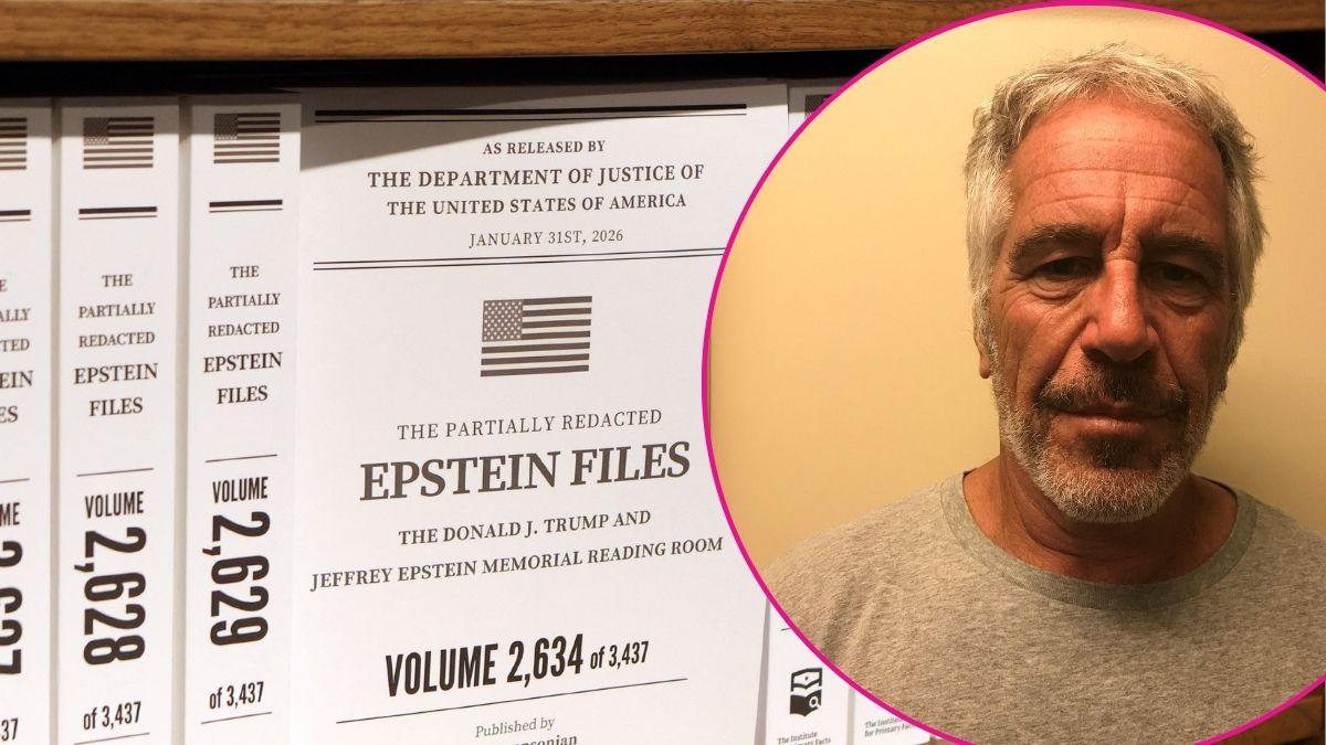 Composite photo of Jeffrey Epstein and redacted Epstein files.