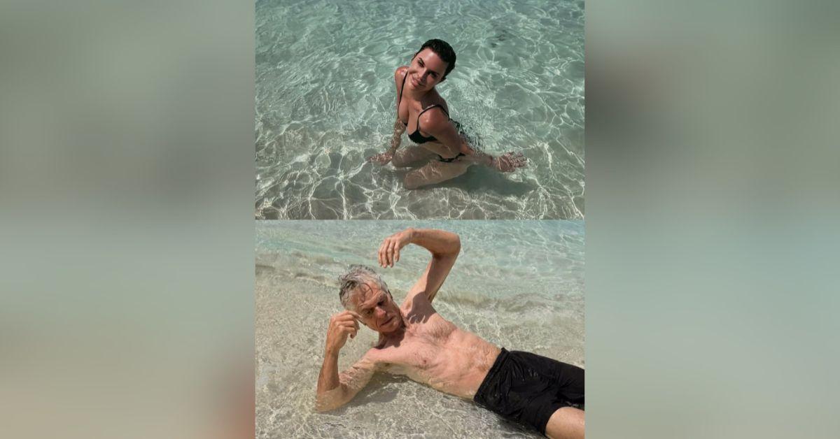 image of Harry Hamlin joined the daring campaign shirtless while posing beside his wife in sunglasses and dark trousers.