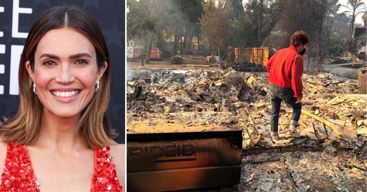 Composite photo of Mandy Moore and the rubble of her home. 