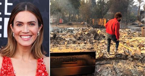 Composite photo of Mandy Moore and the rubble of her home.