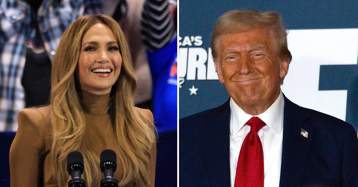 Photo of Jennifer Lopez; picture of Donald Trump.