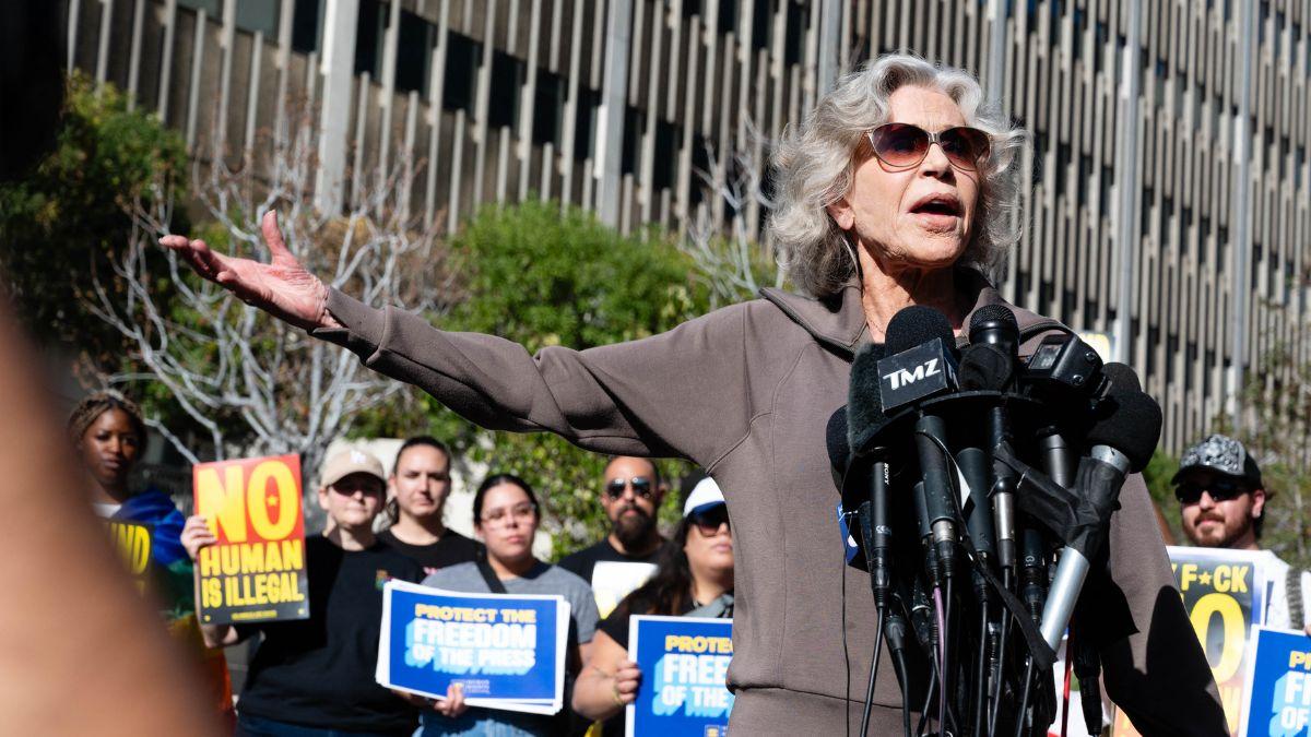 Image of Jane Fonda spoke at an anti-war protest in Los Angeles following the attacks.