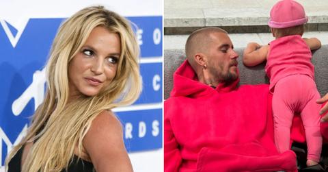 Photo of Britney Spears; picture of Justin Bieber and his son, Jack.