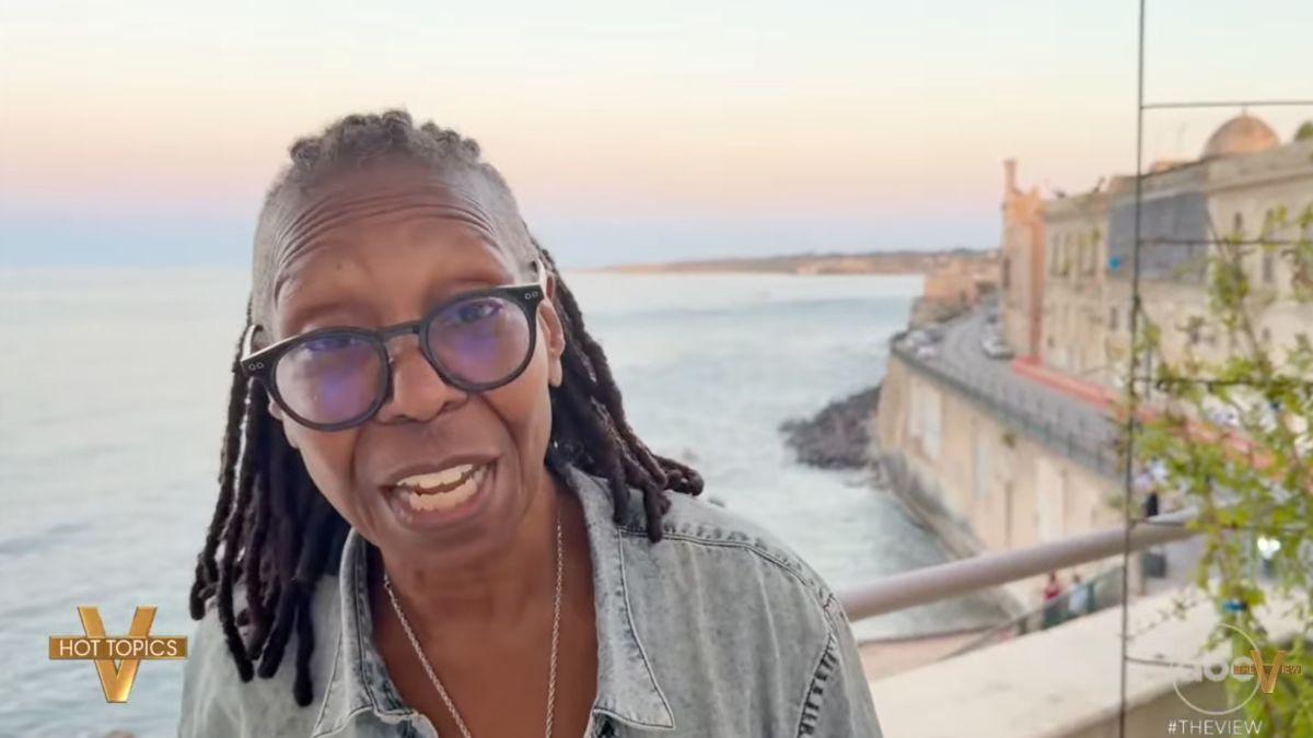 Photo of Whoopi Goldberg sent in a video to reveal a volcano eruption grounded flights going out of Italy.